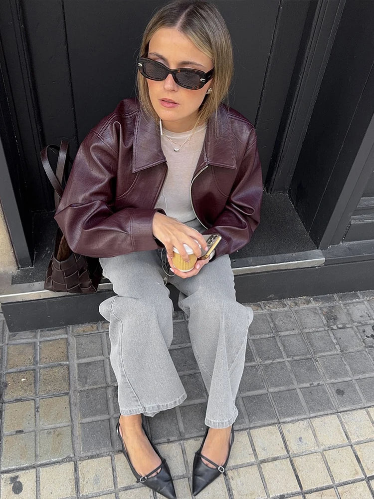 Women's Lapel Leather Jacket